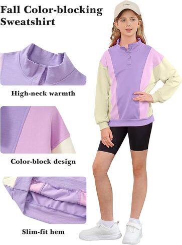 Girls Sweatshirts Color Block Hoodies Half Zipper Pullover Fall Hooded Girls Fashion Sweatshirts for 8-14Y in Kuwait