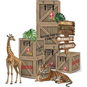 Jungle Safari Party Decorations - 10 بوصة موضوع الغابة الصناديق مع قطع من الورق المقوى للحيوانات البرية لحفلة عيد الميلاد أو الجذع أو ديكور السيارة in Kuwait