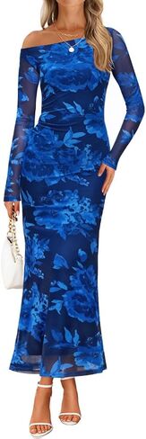 ZESICA Women's Long Sleeve Floral Maxi Dress 2025 Fall Off Shoulder Bodycon Ruched Mesh Cocktail Wedding Guest Dresses in Saudi Arabia