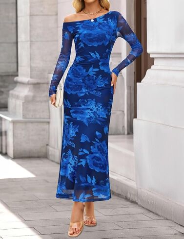 ZESICA Women's Long Sleeve Floral Maxi Dress 2025 Fall Off Shoulder Bodycon Ruched Mesh Cocktail Wedding Guest Dresses in Saudi Arabia