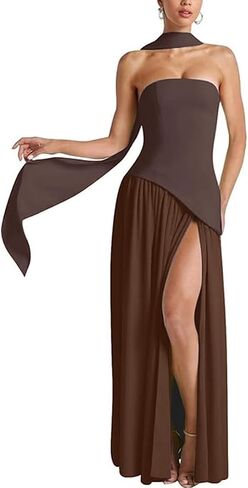نساء بدون حمالات الفستان Maxi Dress مثير أنبوب شاق مرتفع Top Party Club مع وشاح حفلة زفاف طويلة حفل زفاف in Kuwait