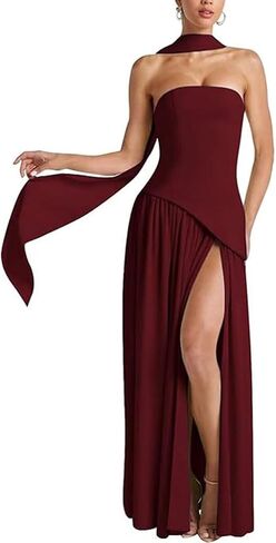 نساء بدون حمالات الفستان Maxi Dress مثير أنبوب شاق مرتفع Top Party Club مع وشاح حفلة زفاف طويلة حفل زفاف in Kuwait