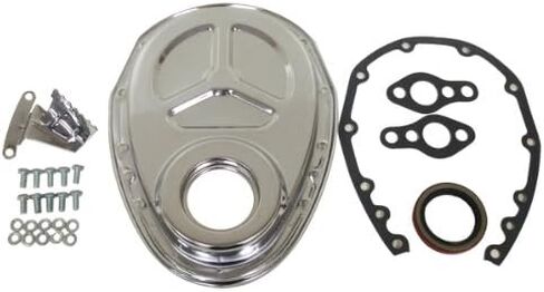 1955-95 Compatible/Replacement for Chevy Small Block 283-305-327-350-400 Steel Timing Chain Cover Set (Roller Cam) w/Timing Tab - Chrome in Saudi Arabia