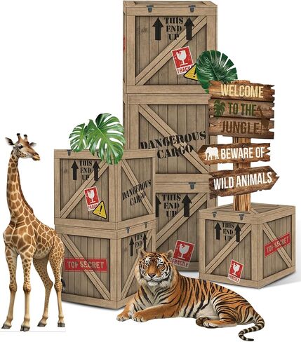 Jungle Safari Party Decorations - 10 بوصة موضوع الغابة الصناديق مع قطع من الورق المقوى للحيوانات البرية لحفلة عيد الميلاد أو الجذع أو ديكور السيارة in Kuwait