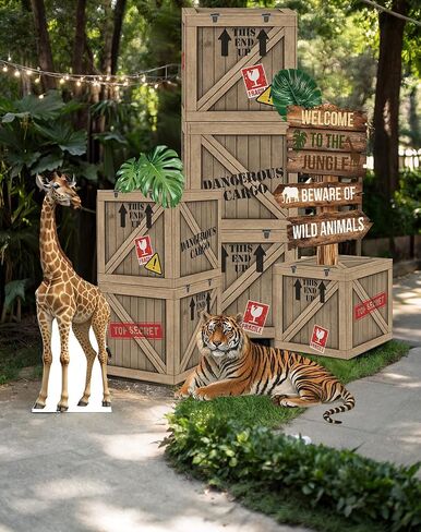 Jungle Safari Party Decorations - 10 بوصة موضوع الغابة الصناديق مع قطع من الورق المقوى للحيوانات البرية لحفلة عيد الميلاد أو الجذع أو ديكور السيارة in Kuwait