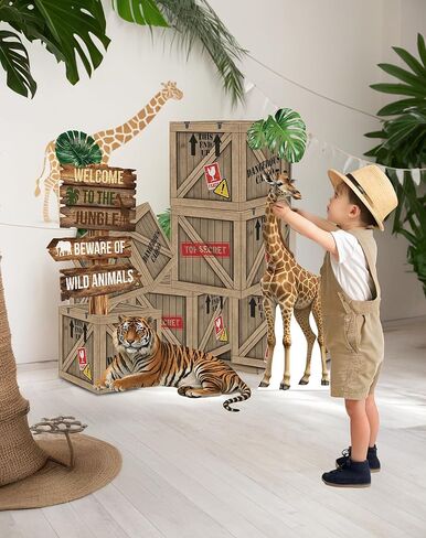 Jungle Safari Party Decorations - 10 بوصة موضوع الغابة الصناديق مع قطع من الورق المقوى للحيوانات البرية لحفلة عيد الميلاد أو الجذع أو ديكور السيارة in Kuwait