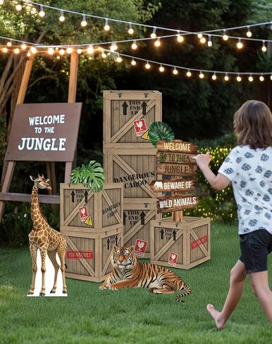 Jungle Safari Party Decorations - 10 بوصة موضوع الغابة الصناديق مع قطع من الورق المقوى للحيوانات البرية لحفلة عيد الميلاد أو الجذع أو ديكور السيارة in Kuwait
