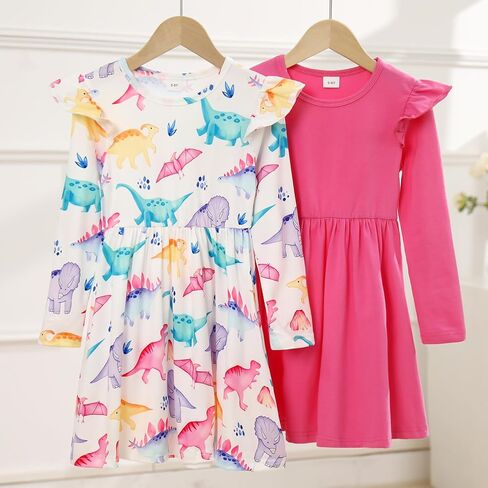 FYMNSI Kids Girls 2 Pack Long Sleeve Dress Toddler Fall Winter Clothes Butterfly Floral Ruffle Casual Holiday Dresses in Saudi Arabia