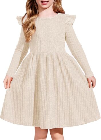 Arshiner Toddler Girl Dress Baby Girls Knitted Ruffle Sleeve Pocket Dresses A-Line Flared Fall Winter Clothes for 2-8 Years in Saudi Arabia