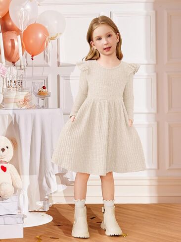Arshiner Toddler Girl Dress Baby Girls Knitted Ruffle Sleeve Pocket Dresses A-Line Flared Fall Winter Clothes for 2-8 Years in Saudi Arabia