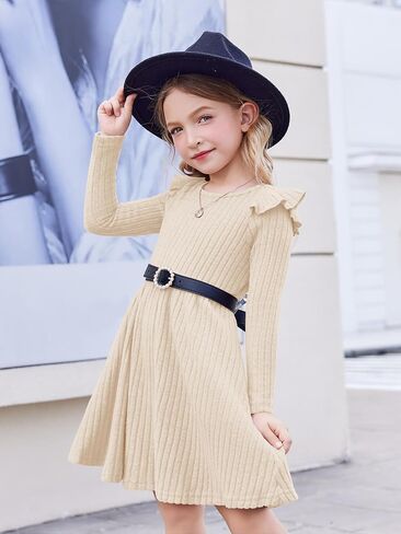 Arshiner Toddler Girl Dress Baby Girls Knitted Ruffle Sleeve Pocket Dresses A-Line Flared Fall Winter Clothes for 2-8 Years in Saudi Arabia