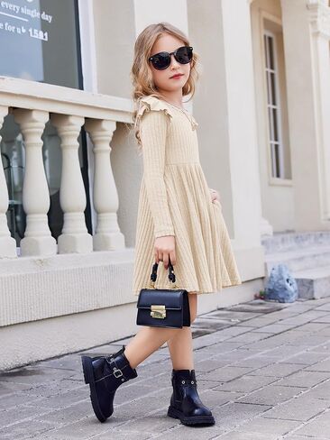 Arshiner Toddler Girl Dress Baby Girls Knitted Ruffle Sleeve Pocket Dresses A-Line Flared Fall Winter Clothes for 2-8 Years in Saudi Arabia
