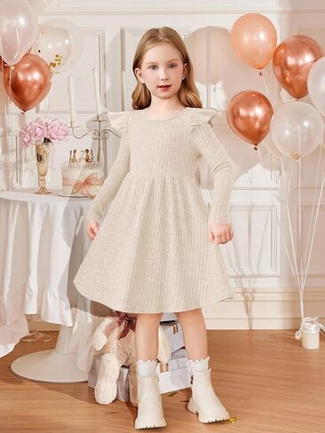Arshiner Toddler Girl Dress Baby Girls Knitted Ruffle Sleeve Pocket Dresses A-Line Flared Fall Winter Clothes for 2-8 Years in Saudi Arabia