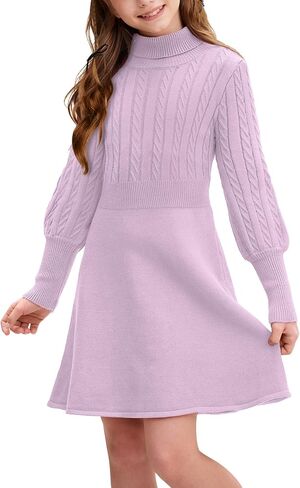 BesserBay Girls Winter Long Sleeve Sweater Dress Turtleneck Cable Knitted Pullover Midi Dress 6-14 Years in Saudi Arabia
