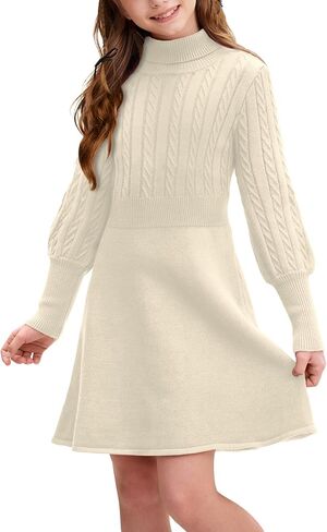 Besserbay Girls Winter Long Sleeve Sweater Dress Turtleneck Cable Cable Bullover Midi Dress 6-14 Years in Saudi Arabia