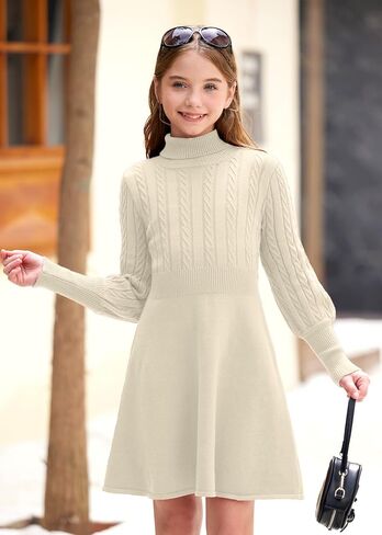 Besserbay Girls Winter Long Sleeve Sweater Dress Turtleneck Cable Cable Bullover Midi Dress 6-14 Years in Saudi Arabia
