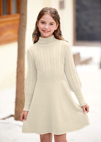 Besserbay Girls Winter Long Sleeve Sweater Dress Turtleneck Cable Cable Bullover Midi Dress 6-14 Years in Saudi Arabia
