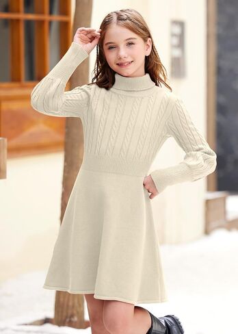 Besserbay Girls Winter Long Sleeve Sweater Dress Turtleneck Cable Cable Bullover Midi Dress 6-14 Years in Saudi Arabia
