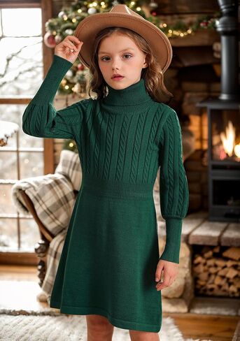 BesserBay Girls Winter Long Sleeve Sweater Dress Turtleneck Cable Knitted Pullover Midi Dress 6-14 Years in Saudi Arabia