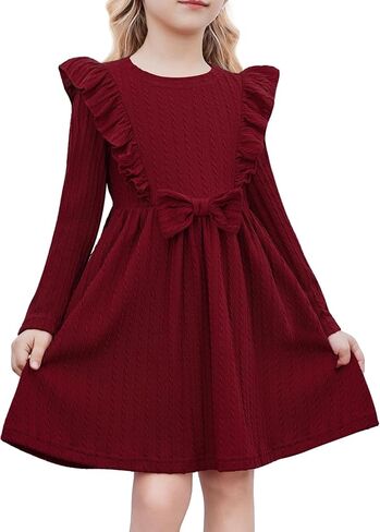 Arshiner Toddler Girl Dress Fruck Shuffle Shepbed Sleeve Long A-Line Swing Swing Fall Winter Bowknot Dressal مع جيوب in Saudi Arabia