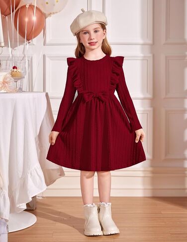 Arshiner Toddler Girl Dress Fruck Shuffle Shepbed Sleeve Long A-Line Swing Swing Fall Winter Bowknot Dressal مع جيوب in Saudi Arabia