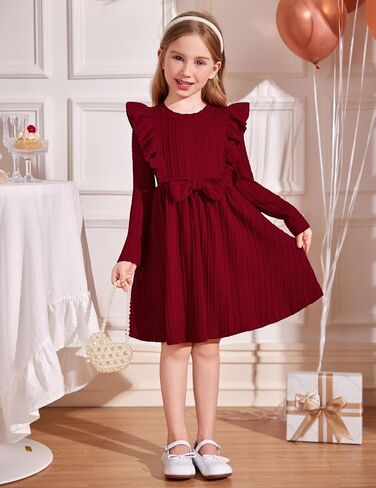 Arshiner Toddler Girl Dress Fruck Shuffle Shepbed Sleeve Long A-Line Swing Swing Fall Winter Bowknot Dressal مع جيوب in Saudi Arabia