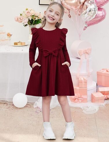 Arshiner Toddler Girl Dress Fruck Shuffle Shepbed Sleeve Long A-Line Swing Swing Fall Winter Bowknot Dressal مع جيوب in Saudi Arabia
