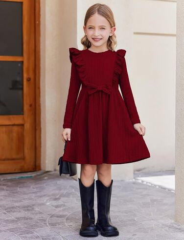 Arshiner Toddler Girl Dress Fruck Shuffle Shepbed Sleeve Long A-Line Swing Swing Fall Winter Bowknot Dressal مع جيوب in Saudi Arabia