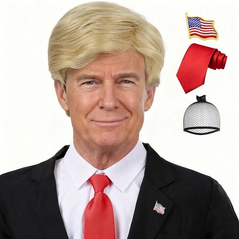4pcs Set- Blonde Costume Wig+ Flag Pin+ Red Tie+ Wig Cap for Mens Short Layered Heat Resistant Synthetic Pixie Wigs For Cosplay Party Halloween or Fun in Kuwait