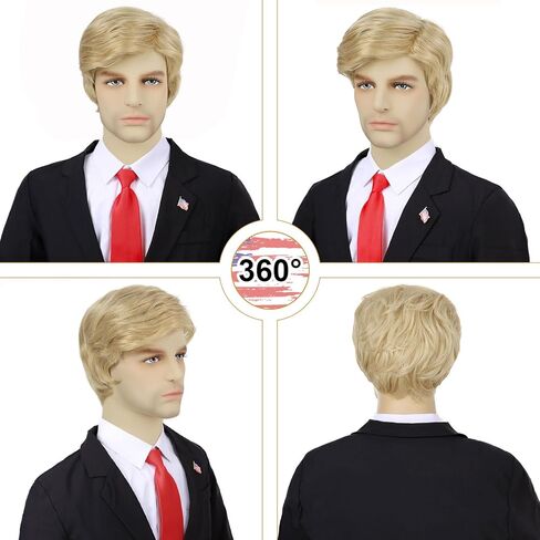 4pcs Set- Blonde Costume Wig+ Flag Pin+ Red Tie+ Wig Cap for Mens Short Layered Heat Resistant Synthetic Pixie Wigs For Cosplay Party Halloween or Fun in Kuwait