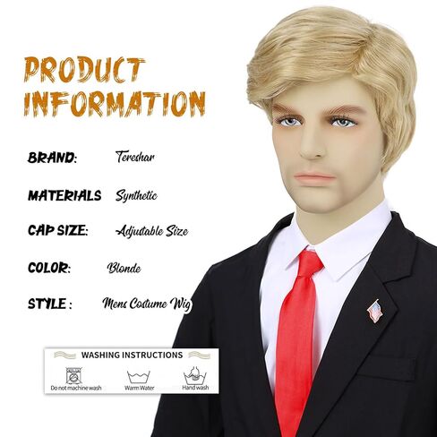 4pcs Set- Blonde Costume Wig+ Flag Pin+ Red Tie+ Wig Cap for Mens Short Layered Heat Resistant Synthetic Pixie Wigs For Cosplay Party Halloween or Fun in Kuwait