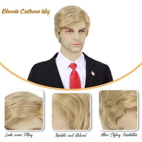 4pcs Set- Blonde Costume Wig+ Flag Pin+ Red Tie+ Wig Cap for Mens Short Layered Heat Resistant Synthetic Pixie Wigs For Cosplay Party Halloween or Fun in Kuwait
