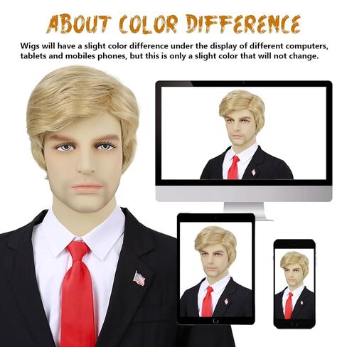 4pcs Set- Blonde Costume Wig+ Flag Pin+ Red Tie+ Wig Cap for Mens Short Layered Heat Resistant Synthetic Pixie Wigs For Cosplay Party Halloween or Fun in Kuwait