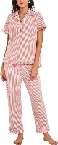 Flygo Womens Pajama مجموعات زر القطن لأسفل ملابس النوم قصيرة الكم أعلى in Saudi Arabia