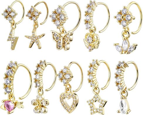 10Pcs 20G Gold Dangle Nose Rings Hoop Butterfly Heart Moon Flower Star CZ Cartilage Earring Surgical Steel Dangling Nose Ring Body Piercing Jewelry for Women Men in Saudi Arabia