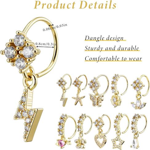 10Pcs 20G Gold Dangle Nose Rings Hoop Butterfly Heart Moon Flower Star CZ Cartilage Earring Surgical Steel Dangling Nose Ring Body Piercing Jewelry for Women Men in Saudi Arabia