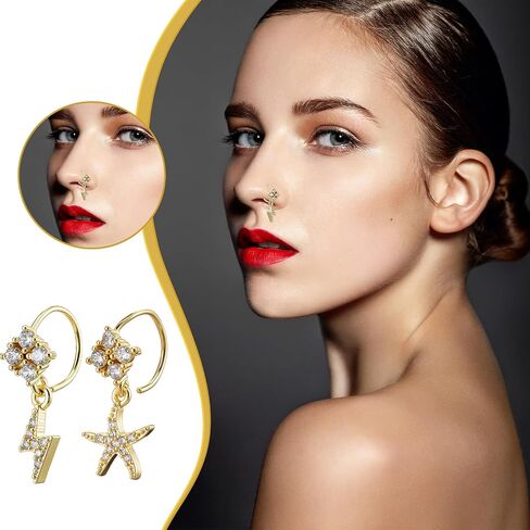 10Pcs 20G Gold Dangle Nose Rings Hoop Butterfly Heart Moon Flower Star CZ Cartilage Earring Surgical Steel Dangling Nose Ring Body Piercing Jewelry for Women Men in Saudi Arabia