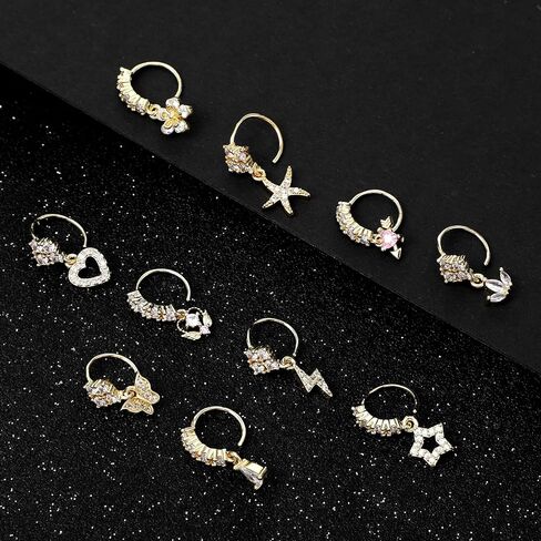10Pcs 20G Gold Dangle Nose Rings Hoop Butterfly Heart Moon Flower Star CZ Cartilage Earring Surgical Steel Dangling Nose Ring Body Piercing Jewelry for Women Men in Saudi Arabia