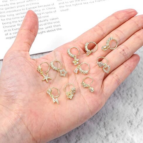10Pcs 20G Gold Dangle Nose Rings Hoop Butterfly Heart Moon Flower Star CZ Cartilage Earring Surgical Steel Dangling Nose Ring Body Piercing Jewelry for Women Men in Saudi Arabia