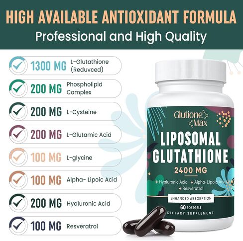 8-in-1 Liposomal Glutathione 2400 MG, High Absorption Antioxidant Formula – with Hyaluronic Acid, Alpha-Lipoic Acid, Resveratrol - Skin, Liver Detox & Immune System, 120 Softgels in Saudi Arabia