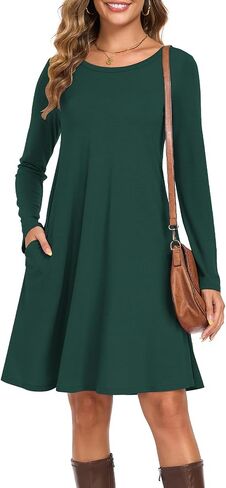 Women's Long Sleeve T-Shirt Dress Casual Loose Fit Swing Dress for Fall Winter with Pockets in Kuwait
