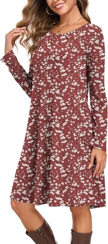 Women's Long Sleeve T-Shirt Dress Casual Loose Fit Swing Dress for Fall Winter with Pockets in Kuwait