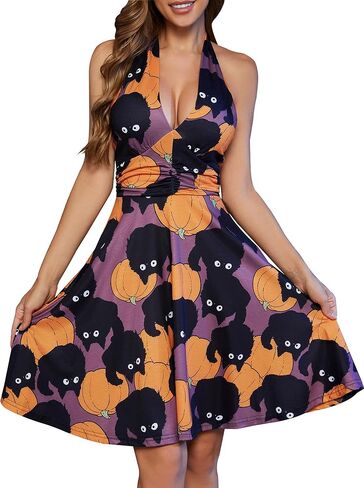 Women's Festival Dress- Halter V Neck Sleeveless Ruffle Mini Dresses with Pocket in Saudi Arabia