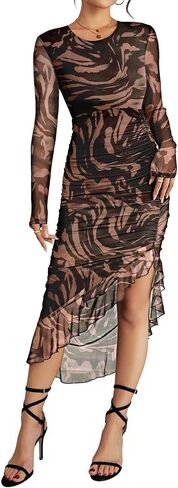 Pink Queen Women's Sexy Mesh Bodycon Dress Fall Long Sleeve Asymmetric Hem Ruffle Floral Print Party Club Ruched Midi Dresses in Saudi Arabia