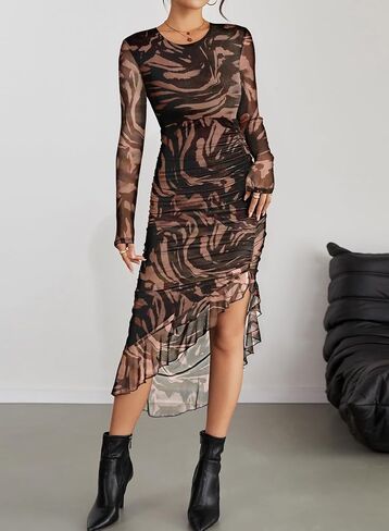 Pink Queen Women's Sexy Mesh Bodycon Dress Fall Long Sleeve Asymmetric Hem Ruffle Floral Print Party Club Ruched Midi Dresses in Saudi Arabia