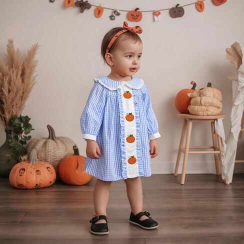 Toddler Baby Girl Halloween Dress Smocked Pumpkin Outfit Long Sleeve A-line Doll Collar Fall Dresses for Kids in Saudi Arabia