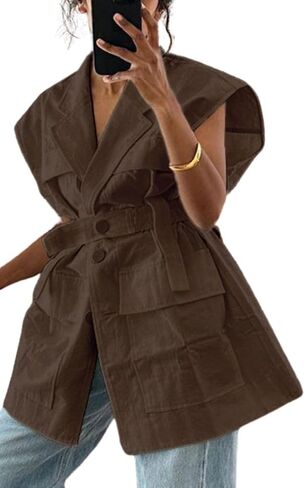 Women's Oversized Sleeveless Blazer Vest Casual Long Open Front Cargo Vest Top Lightweight Cardigan with Belt in Kuwait