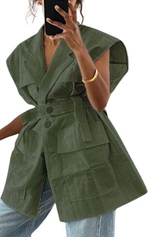Women's Oversized Sleeveless Blazer Vest Casual Long Open Front Cargo Vest Top Lightweight Cardigan with Belt in Kuwait