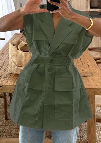Women's Oversized Sleeveless Blazer Vest Casual Long Open Front Cargo Vest Top Lightweight Cardigan with Belt in Kuwait