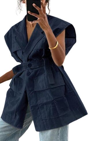 Women's Oversized Sleeveless Blazer Vest Casual Long Open Front Cargo Vest Top Lightweight Cardigan with Belt in Kuwait